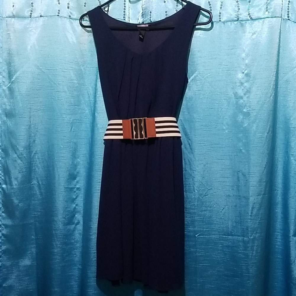 IZ Byer Sleeveless Navy Blue Dress w/ Striped Belt